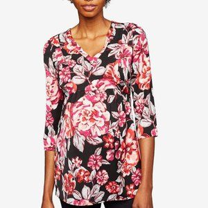 Maternity Floral-Print Tunic Blouse V Neck, XS
